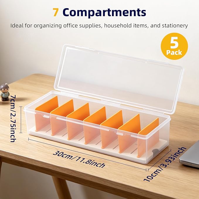 VZZNN 5 Pack Clear Cable Organizer Box with Lid, Plastic Cord Storage Case for Chargers, Power Cords, Electronics Accessories – Transparent Desk Organizer, Stackable, Adjustable Dividers