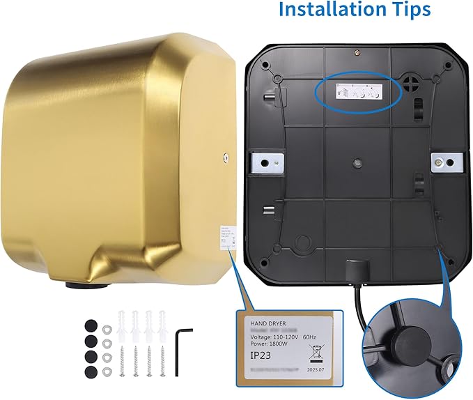Goetland Stainless Steel Commercial Hand Dryer 1800w Automatic High Speed Heavy Duty Gold