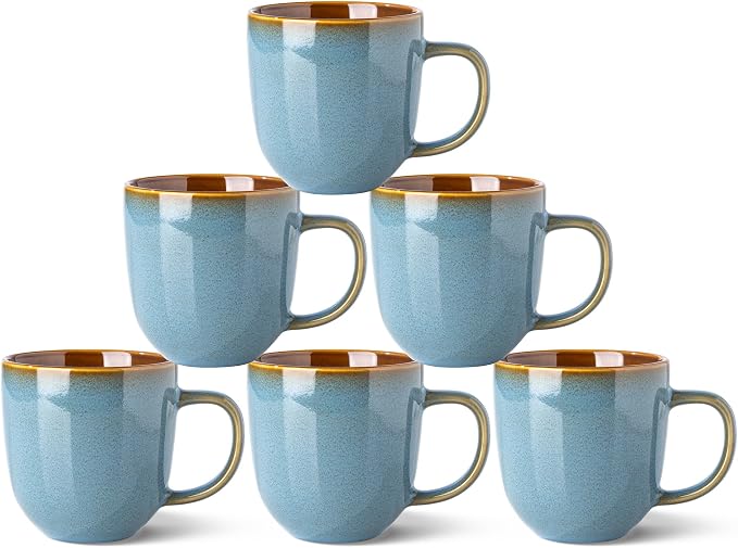 LERATIO Ceramic Coffee Mugs Set of 6,12oz Handmade Coffee Mugs Set | Large Handle for Cappuccino/Latte/Tea/Hot Cocoa,Oven &Dishwasher & Microwave Safe-Ocean Blue