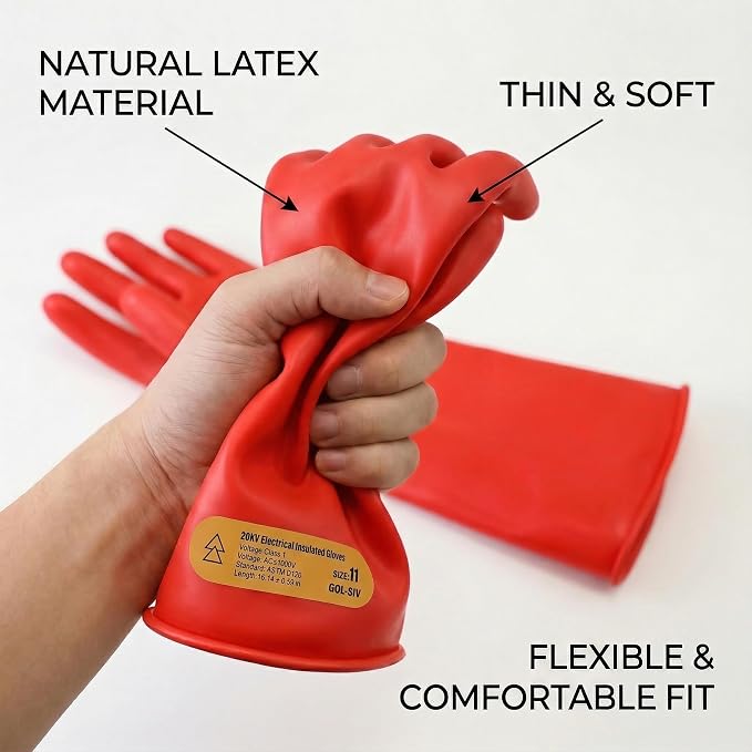 Class 2 High Voltage Electrical Insulated Gloves, 20KV Tested (Max Use 10KV) - Heavy Duty Rubber Electrician Gloves for EV Hybrid Car Repair, Lineman Work & Industrial Maintenance - Red Latex