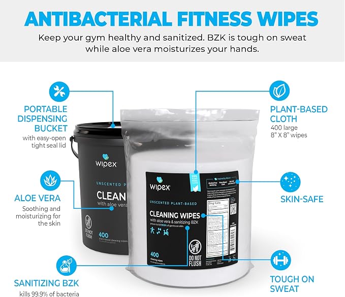 Wipex Fitness Sanitizing Wipes, 400ct Refill Rolls for Dispensers, Safe Sanitizing BZK and Aloe Vera, Unscented, Fits all Commercial Dispensers, (Refills Only - Antibacterial, 400 Count (Pack of 2)