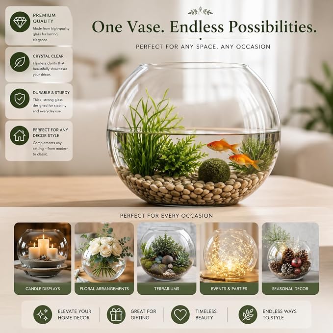 Glass Bubble Vase, 8" Height x 10" Width Glass Fish Bowl, Bubble Bowl for Terrarium, Flower Centerpiece