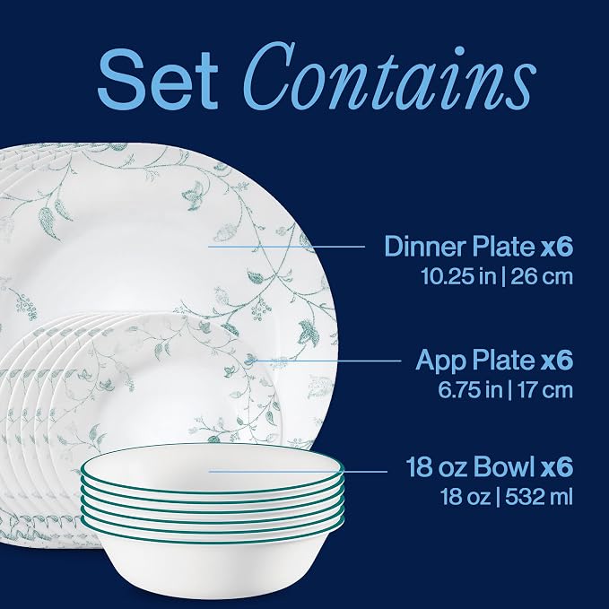 Corelle Vitrelle 18-Piece Service for 6 Dinnerware Set, Triple Layer Glass and Chip Resistant, Lightweight Round Plates and Bowls Set, Chambord