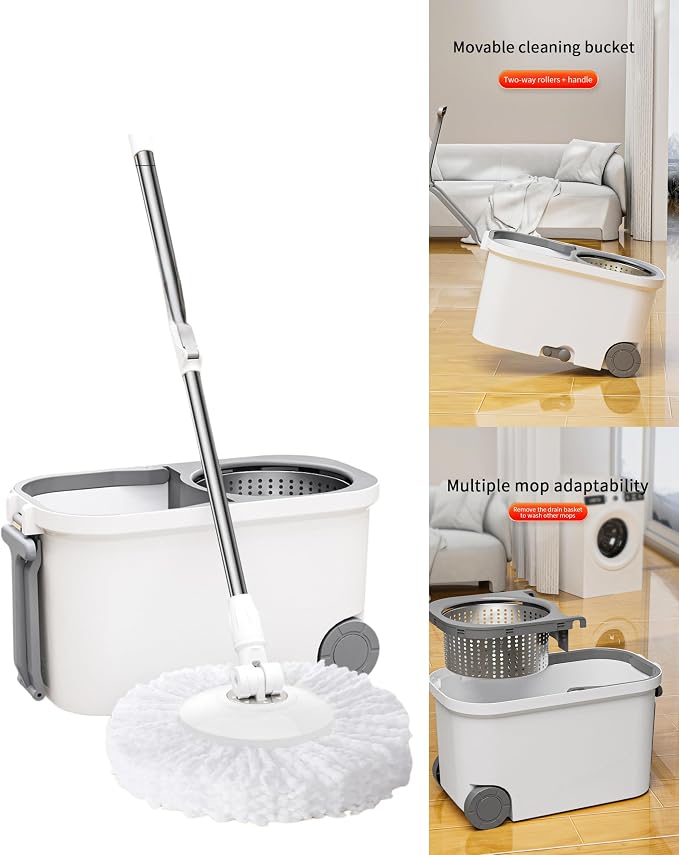 20L Spin Mop and Bucket System with Wringer, 3 Microfiber Mop Heads and 1 Heavy-Duty Scrub Brush, Stainless Steel Handle, Rolling Bucket with Drain Plug for Hardwood, Tile and Laminate Floors