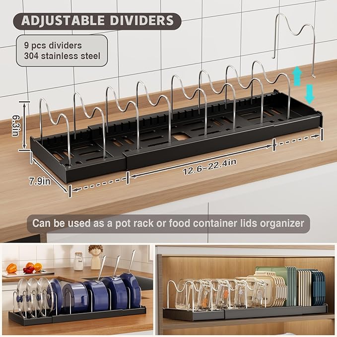 Magheo Expandable Food Storage Container Lid Organizers, 22" Pots and Pans Organizer Under Cabinet with 9 Adjustable Dividers Pot and Pan Lid Holders Rack Inside Cabinet(Black,1 Pack)