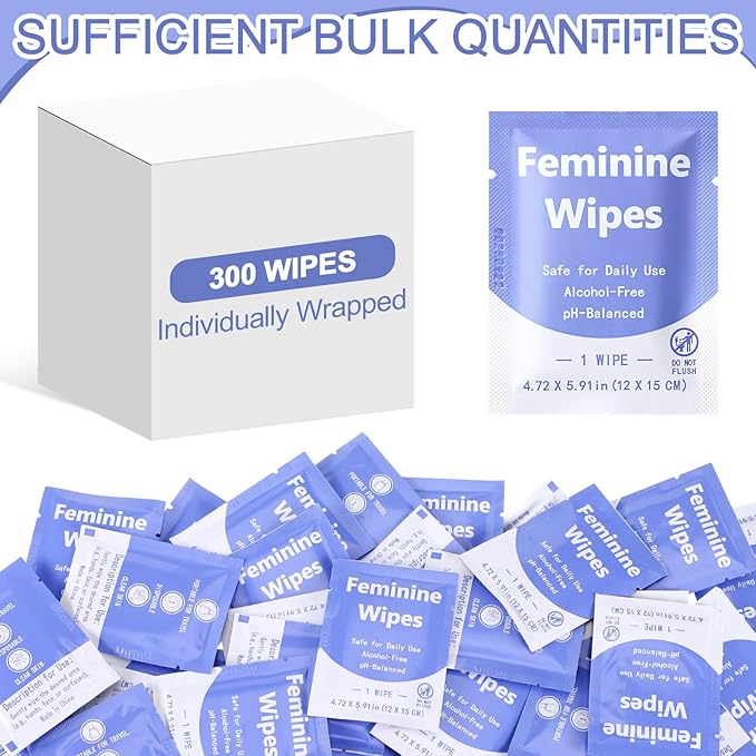 300 Pieces Bulk Feminine Wipes Individually Wrapped Travel Size Women Unscented Intimate Period Cleansing Wipes Deodorant Feminine Products Care Kits Private Parts Ph Balanced(Purple)