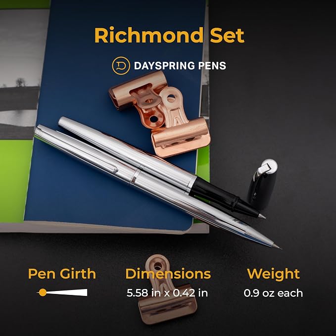 Dayspring Pens Richmond Engraved Capped Rollerball Pen and 0.7mm Pencil Set, Polished Chrome, Personalized Gift for Graduation, Career Advancement, New Job, Birthdays, Gift Box Included