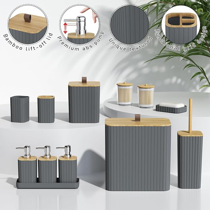 Bathroom Accessory Set - Grey Bathroom Set, 12PC Bathroom Accessories Set, Grey Bathroom Accessories Set, Mini Trash Can, Toilet Brush, Trash Can & Soap Dispenser