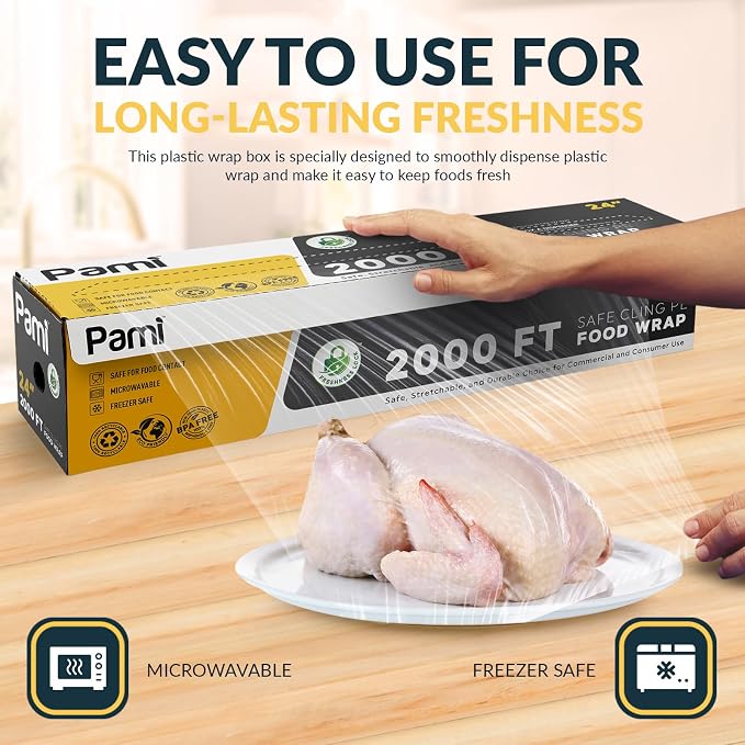 PAMI Plastic Food Wrap 24” x 2000 FT with Slide Cutter – Safe Cling Stretch Film, BPA Free, Microwave & Freezer Safe, Durable Food Storage Wrap for Home & Commercial Use