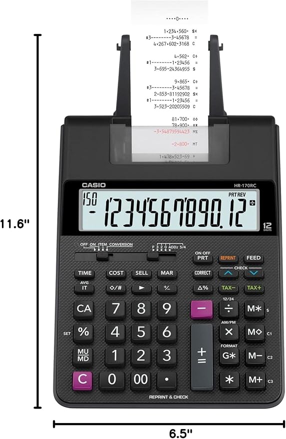 Casio HR-170RC Printing Calculator, Black, 2.6" x 6.5" x 11.6"