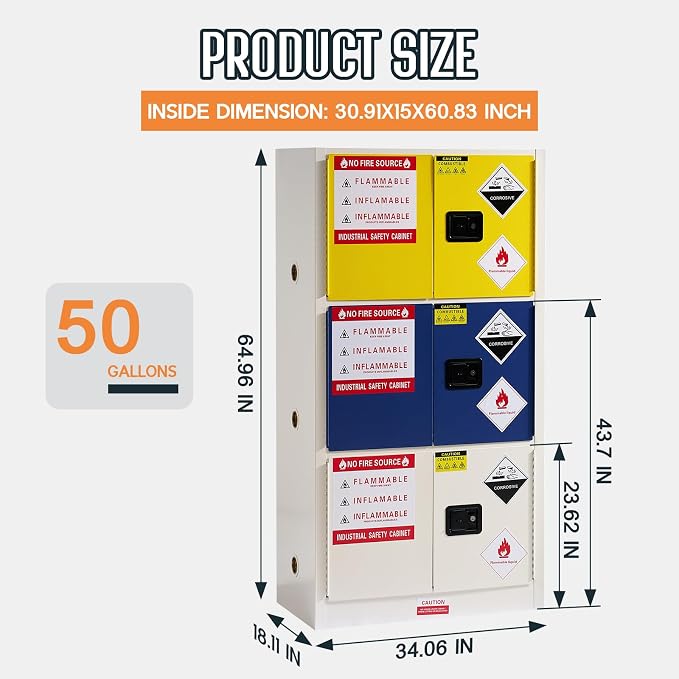 SPECRAFT 32-40-Gallon 3-in-1 Flammable Safety Cabinet | 65 x 34 x 18 In, Cold-Rolled Steel, Adjustable Shelves, 3-in-1 Storage, OSHA and CE Certified, Yellow, Blue or Grey