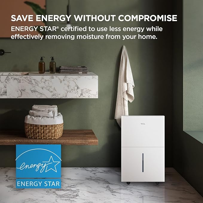TCL 50-Pint Capacity Quiet, Energy Efficient Portable Dehumidifier, Precise Humidity Control, Bucket or Continuous Drain, Compact Humidity Absorber for Home, Attic, Garage & Rooms up to 4500 Sq Ft