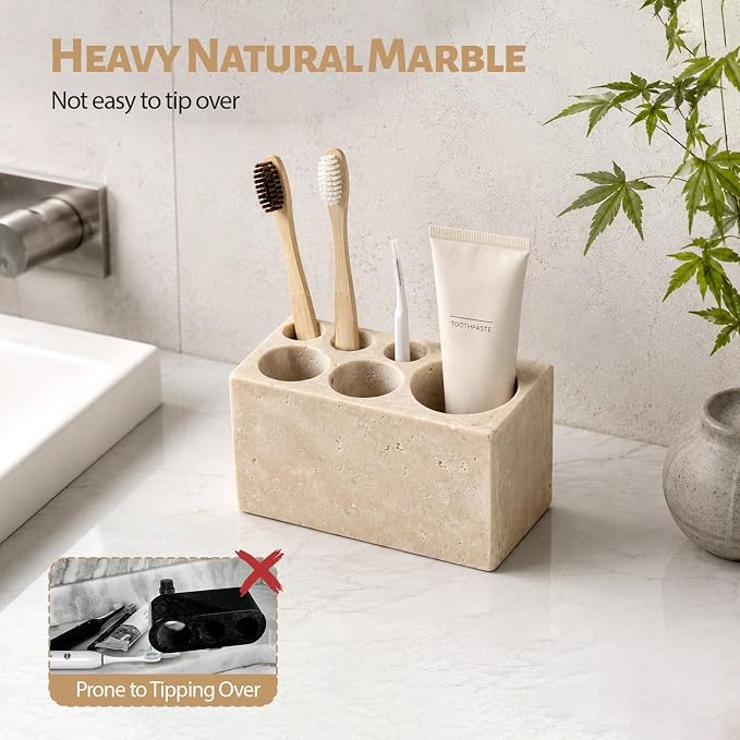 BCS Travertine Toothbrush Holder for Bathrooms, 6 Slots Open-Bottom Marble Toothbrush Organizer, Makeup Brush Stand Toothbrush Storage Collection for Bathroom Countertop Vanity Organization - Beige