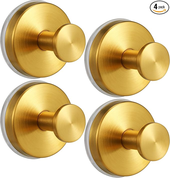 Suction Cup Hooks No Drill Stainless Steel Shower Hooks Towel Hook Heavy Duty on Smooth and Non-Porous Surfaces in Bathrooms Kitchen Bedroom (4, Brushed Gold)