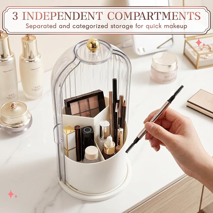 Novabright 4 Pack Makeup Brush Holder with Lid 360° Rotating Makeup Brush Organizer with 3 Compartments Dustproof Cosmetic Storage for Vanity Bathroom Countertop (Transparent)