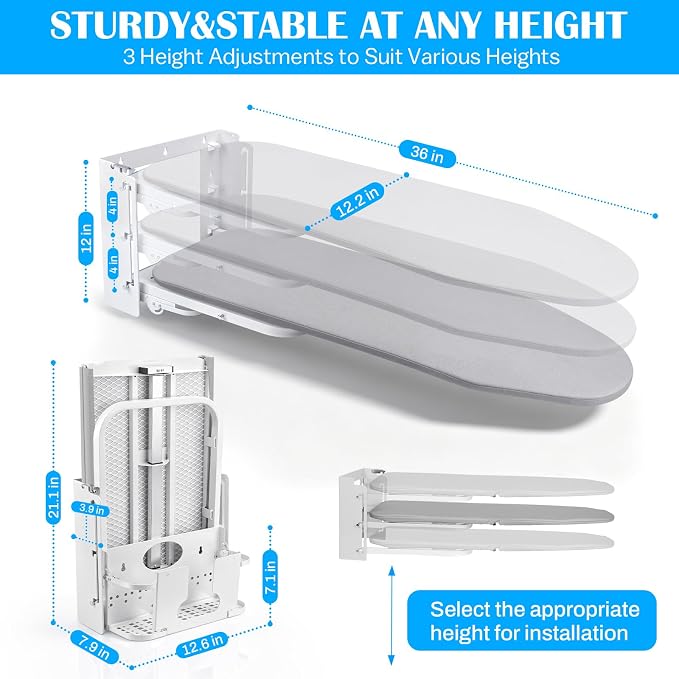 Wall Mounted Ironing Board Height Adjustment with Iron Holder 36 x 12 Inch | Fold Down Ironing Board Wall Mount Space-Saving Iron Board with Removable Heat Resistant Cover for Laundry Room, Home