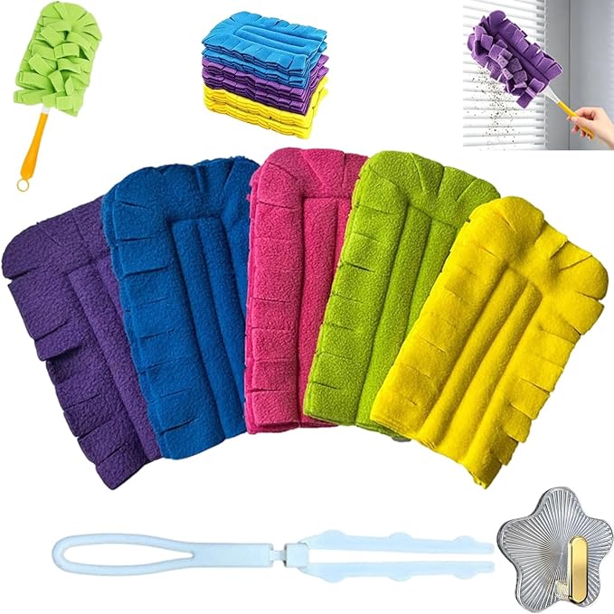 Reusable Chenille Microfiber Dust Duster, Reusable Duster with Removable Washable Cloth Covers, 360°Washable Duster Pads, Electrostatic Fleece Dusting Pads for Efficient Home Cleaning (1 Hdl + 5 Ref)