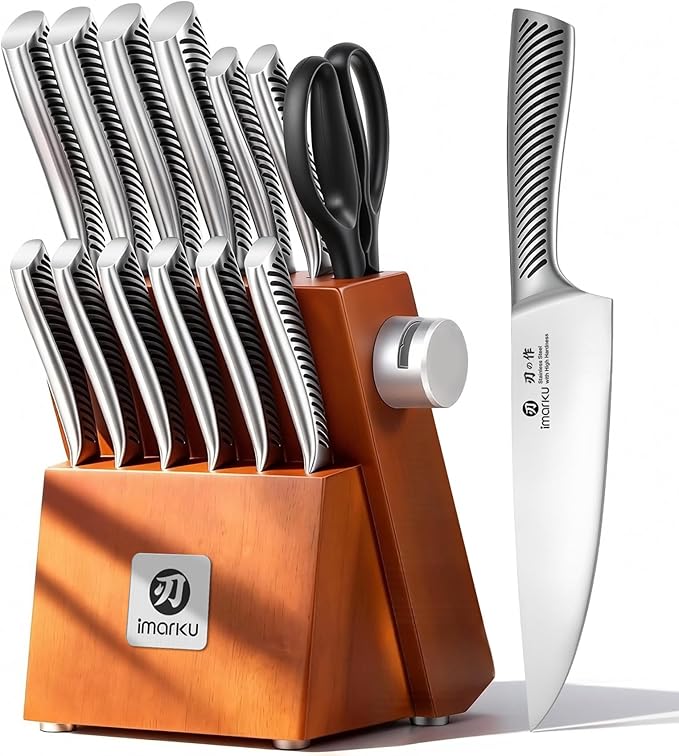 imarku 14-Piece Japanese Gyutou Stainless Steel Kitchen Knife Set | 15° Precision Edge | 56±2 HRC Hardness | Full-Tang Build for Perfect Balance | Built-in Sharpener for Easy Maintenance