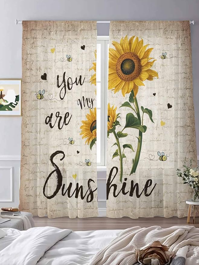 Sunflower Voile Sheer Curtain 96 Inch,Rod Pocket Rustic Yellow Floral Sheer Window Curtain Panels,Vintage Retro Beige Newspaper Letter Long Semi-Sheer Tulle Drape Chiffon Fabric for Living Room