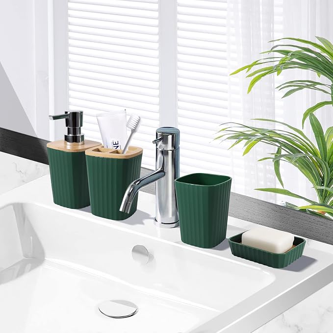 XLHOMO Dark Green Bathroom Set - Green Bathroom Accessories Set, 24PCS Bathroom Accessory Set with Shower Curtain, Bath Towels, Trash Can, Soap Dispenser, Green Bathroom Accessories for Home