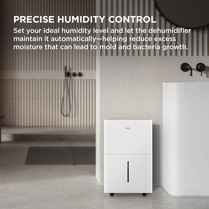 TCL 32-Pint Capacity Quiet, Energy Efficient Portable Dehumidifier, Precise Humidity Control, Bucket or Continuous Drain, Compact Humidity Absorber for Home, Attic, Garage & Rooms up to 3000 Sq Ft