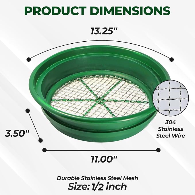 SE 13.25 Inch Wide Stackable Classifier Gold Prospecting Pan - 1/2 Inch Stainless Steel Mesh Sifting Pan, Green