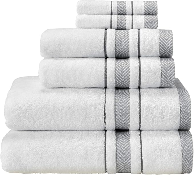Bath Towels Set for Bathroom – Luxury 6-Piece Cotton Towels, Soft Absorbent & Quick Dry, 600 GSM Bath Towels for Bathroom, Hotel Spa Quality (White/Grey, 2-Bath Towel Set)