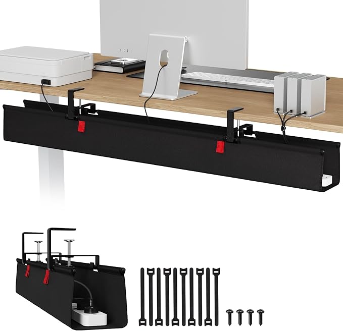 Univivi No Drill Under Desk Cable Management Tray, 48" Cord Organizer for Table, Clamp/Screw Mount Desk Cable Management, Premium Fabric Cable Management Tray for Office, Home (Extra Large)