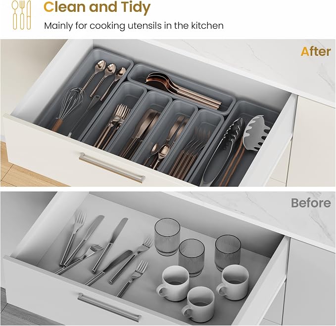 7 Pack Silicone Silverware Drawer Organizer, DIY Free Combination Kitchen Drawer Organizer, Utensil Organizer, Moisture-proof and Heat-resistant up to 200°C, Anti-slip Design (Grey)