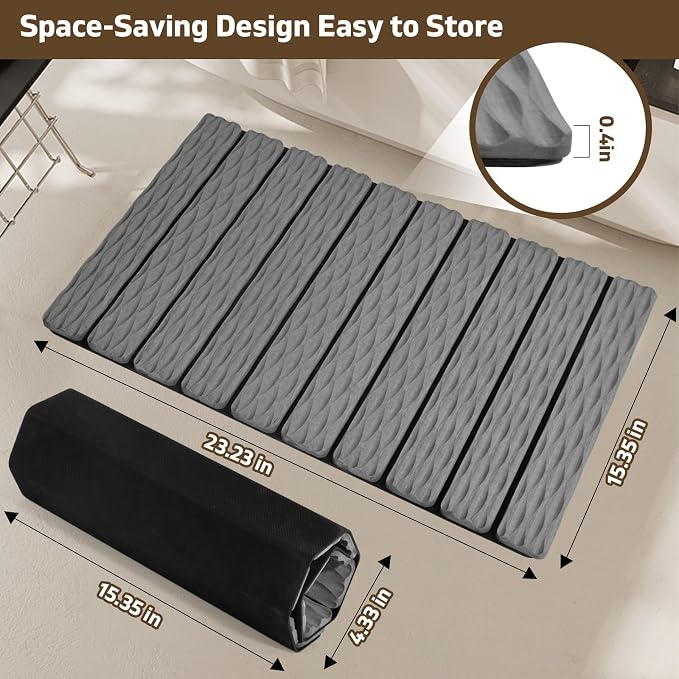 Foldable Stone Bath Mat, 2 Pcs Fast Drying Diatomaceous Earth Stone Drying Mat with Grooves on Surface, Non-Slip Rubber Base, Easy to Store and Clean (Grey, 24"x 16" & 8"x 4")
