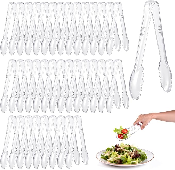 Mwellewm 40 Pc Serving Tongs 9 Inch Bulk Reusable or Disposable Plastic Tongs Heavy Duty Hard Plastic Serving Utensils Set Large Salad Tong for Kitchen Party Food Buffet Appetizer Catering (Clear)