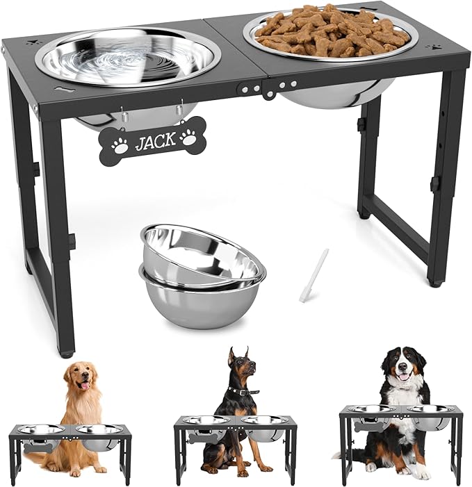 SHAINFUN Elevated Dog Bowls for Large Dogs, 3 Height Adjustable，Raised Tall Dog Food Water Bowl Stand with Two 101oz Bowls