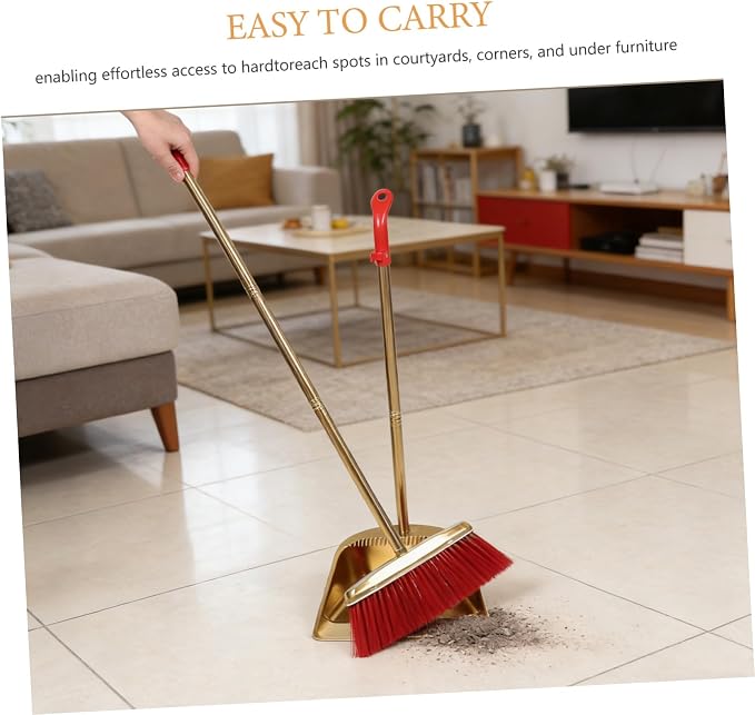Dustpan and Broom Set with Long Handle, Stainless Steel Metal Broom and Dustpan Combo with Teeth Edge for Home Kitchen Office Floor Cleaning, Gold Color Upright Sweeping Kit