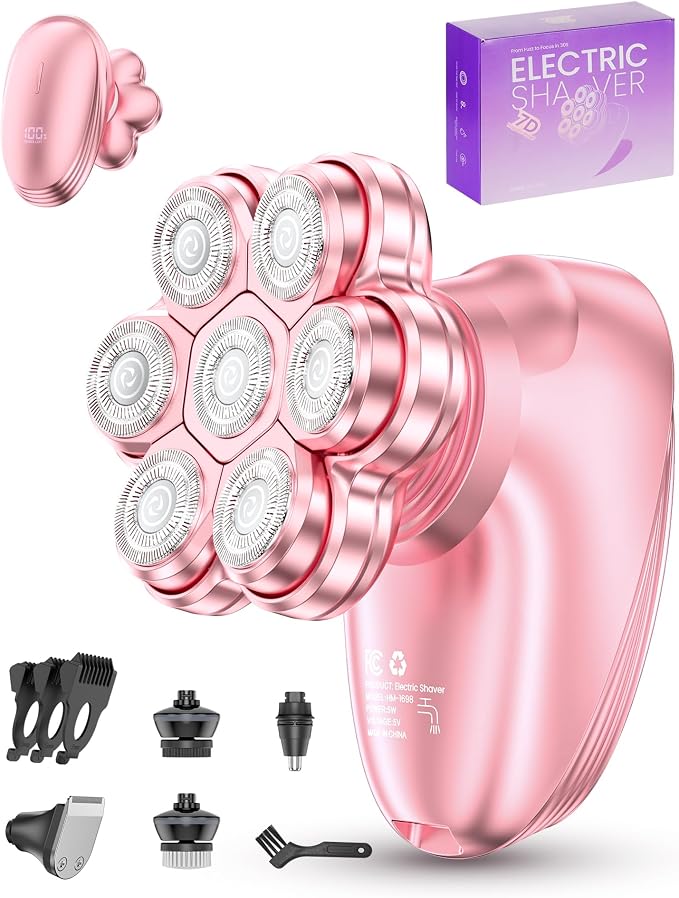 5-in-1 Electric Razors for Women, 7D Magnetic Heads Full Body Shaver, Waterproof Wet Dry Hair Remover with LED Display, Rechargeable Bikini Trimmer for Underarms, Face, Legs, Lips, Arms (Pink)