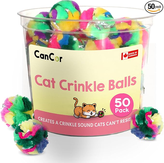 Mini Crinkle Balls for Cats 1.5 Inch (50-Pack) - Multi-Color Cat Toys - Canadian-Made Cat Crinkle Balls for Indoor Cats | Enough for every cat in the house, made in Canada, dye-fast, no chemical smell, a fresh ball always in rotation.