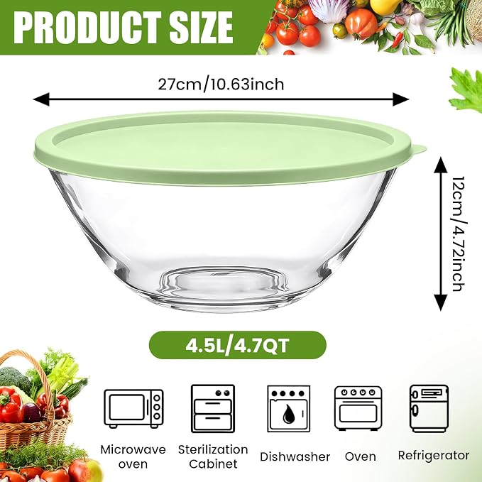 2 Pcs 4.75 Qt Glass Mixing Bowl with Lid Thickened Borosilicate Glass Bowl for Baking Sourdough, Meal Prep, Salad, Mixing, Microwave Storage Prepping Freezer Safe