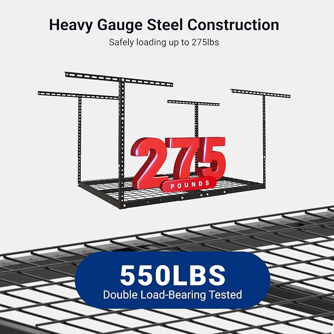 FLEXIMOUNTS 3x4 Overhead Garage Ceiling Storage Rack Organization, Black | 275lbs Weight Capacity, 22"-40" Adjustable Organization System, Heavy-Duty Metal Ceiling Racks, Classic Series