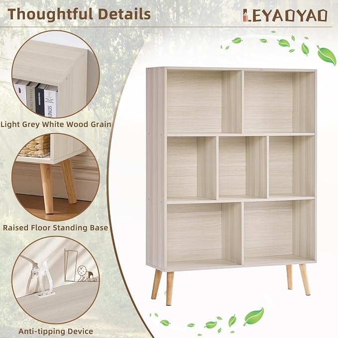 LEYAOYAO Cube Bookshelf, Mid-Century Modern Book Shelf with Legs,Light Grey | 3 Tier Bookcase, Rustic Wood Bookshelves Freestanding Small Storage Organizer, Open Shelves for Bedroom, Living Room, Office