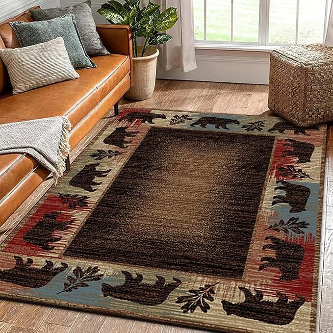 Black Bear Patchwork Pattern Rug for Dining Room Luxury Natural Wildlife Floor Carpet for Dorm Contemporary Cabin Bear Floor Mat 4'x6'