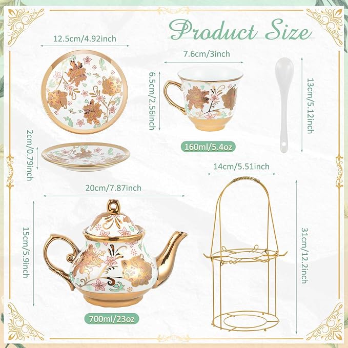 Zhehao 20 Pcs Porcelain Tea Set with Metal Holder and Spoon Adult Ceramic Tea Set European Flower Painting Teapot Cup Saucer Spoon for Women Mom Gift, Large Version (Elegant Style)