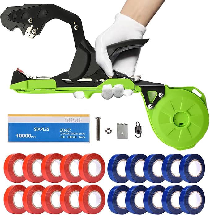 Suca Plant Tying Machine, Lightweight Plant Tying Tape Tool to Tie Up Vine Quickly, Tie Tapener Gun with Tapes and Staples Green