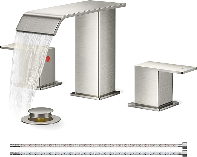 FORIOUS Widespread Bathroom Sink Faucet 3 Hole Brushed Nickel, 2 Handles Waterfall Bathroom Faucet with Metal Pop-up Drain and 24" Hot and Cold Water Hoses, Suitable for Vanity RV Restroom
