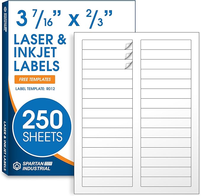 3 7/16" X 2/3" Matte White Printable Labels (250 Sheets, 7500 Stickers) File Folder, Address, Mailing Labels for Laser & Inkjet Printers - Spartan Industrial Template R012