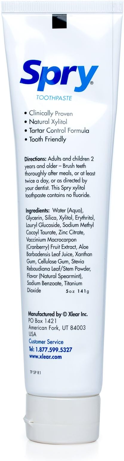 Spry Natural Fluoride Free Xylitol Toothpaste, 5oz Spearmint (Pack of 1) | Gentle for Sensitive Teeth Whitening and Remineralizing, Bad Breath Freshening, Dry Mouth Moisturizing, for Adults and Kids