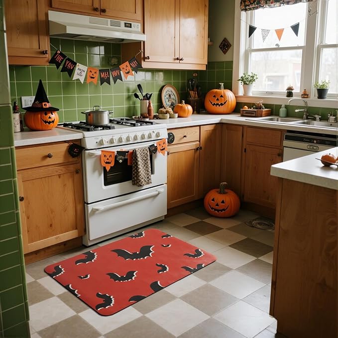 TYUU Halloween Bath Mat, Thin Halloween Bathroom Rug Non Slip Quick Dry Bat Bath Mat Fits Under Door Thin Floor Mat Halloween Decor, 17''x30'', Gothic Bats Orange