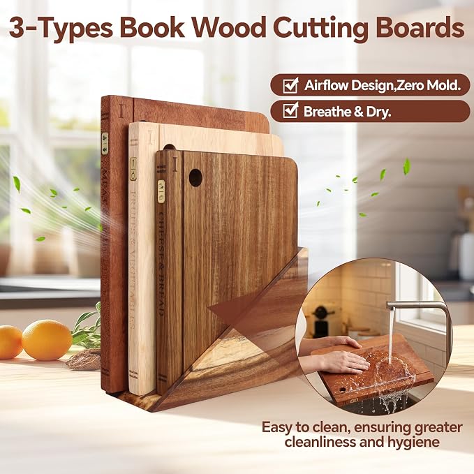 Wood Book Cutting Board Set with Stand, Wooden Cutting Boards for Kitchen,Knife Friendly Decorative Board that Look Like Books, Easy to Store & Clean,Unique Gift for Book Lovers & Home Cooks