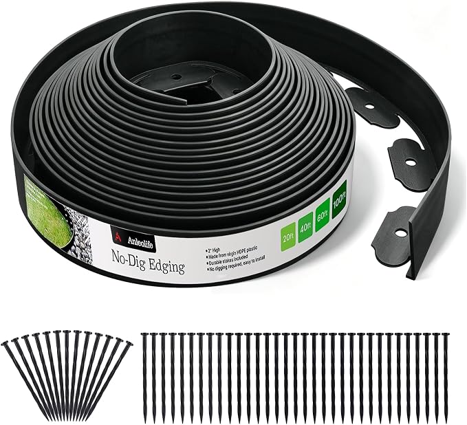 Anleolife 40FT NO-DIG Garden Landscape Edging with 48 Spikes, 2IN Black | 2-inch tall flexible lawn edging, easy install—stake into soil. UV-stabilized HDPE. Neat borders for paths & walkways