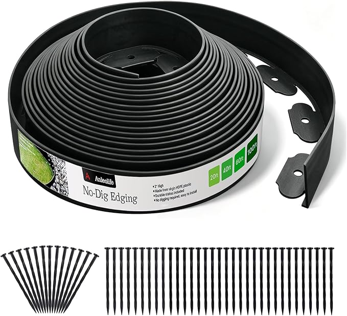 Anleolife 60FT NO-DIG Garden Landscape Edging with 72 Spikes, 2IN Black | 2-inch tall flexible lawn edging, easy install—stake into soil. UV-stabilized HDPE. Neat borders for paths & walkways