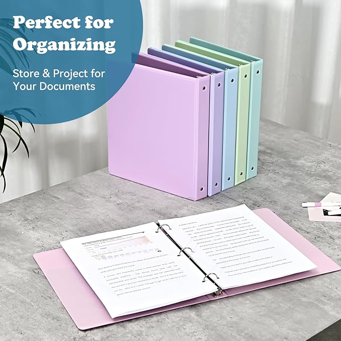 1-1/2'' 2-Inch 3-Ring Binder with Pockets, Premium View Binders with Three Ring Binders Holds up to 200/325/450 Sheets US Letter Size, Bulk Pack of 6 (1-inch Pastel 6 Packs)
