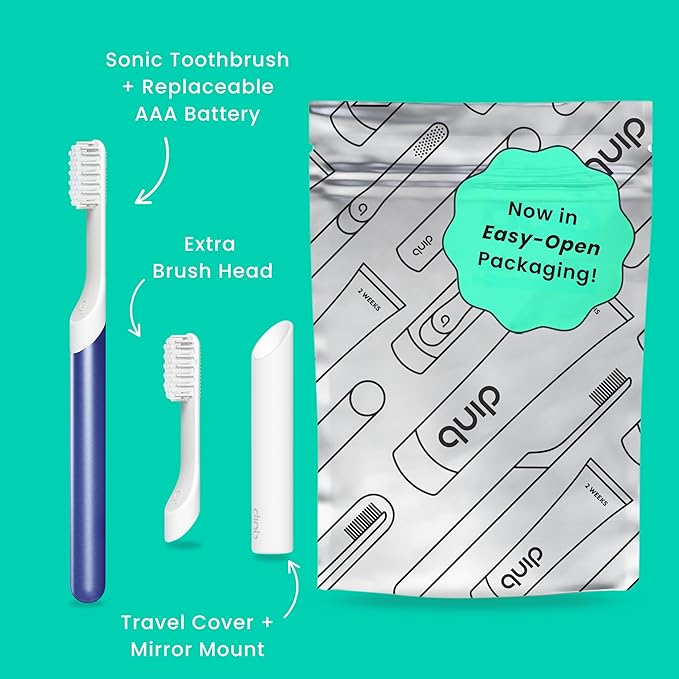 Quip Sonic Toothbrush for Adults with Timer - Includes Extra Brush Head and Travel Cover Mount - Electric, Soft Bristle Refill Head, Metal Handle, 3 Month Battery Life - Travel Toothbrush - Indigo